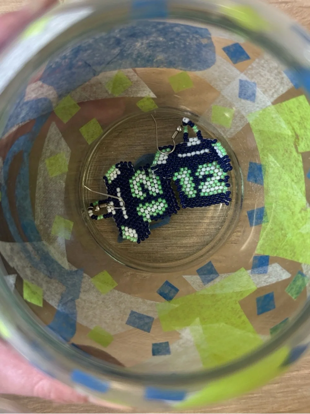 Handmade Blue, Green & White Beaded '12' Jersey Drop‎ Earrings